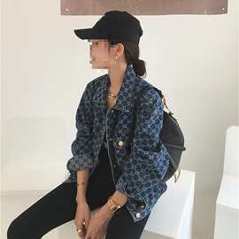 满印提花长袖牛仔外套女韩版宽松2025新款早秋休闲上衣春秋牛仔衣