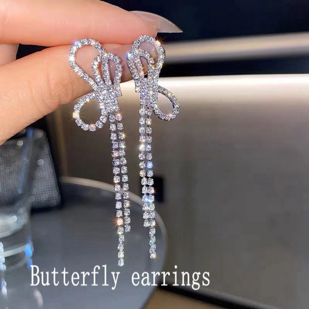 Butterfly Rhinestone Drop Earrings Elegant Tassel Bow Jewellery_voghion.com