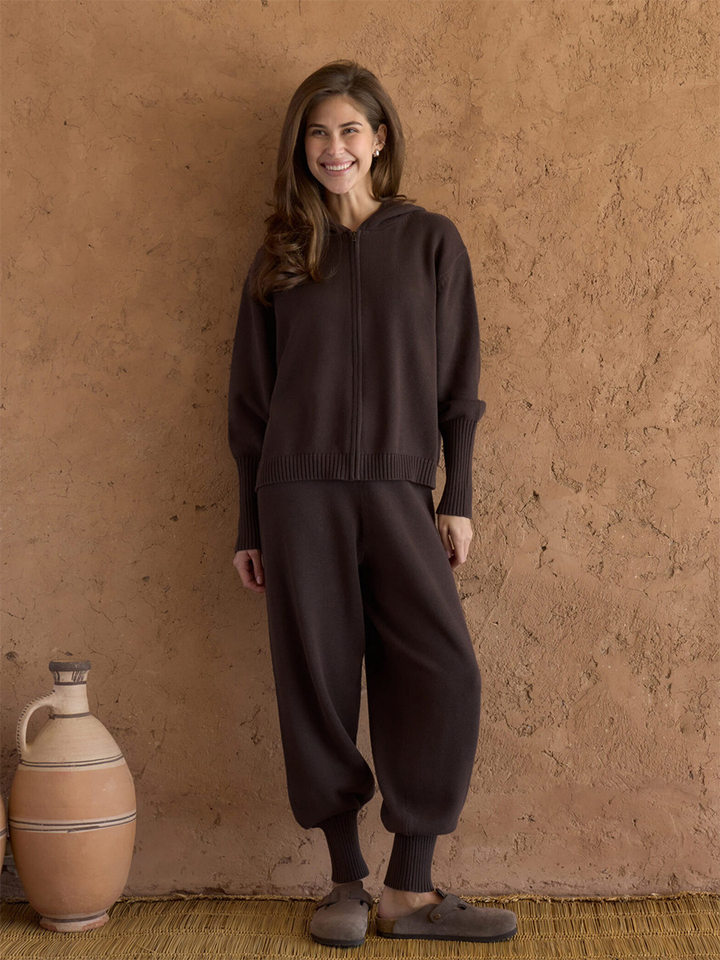 Bộ áo cardigan dệt kim có mũ khóa kéo dáng rộng kèm quần ống ôm cotton — Màu cà phê, Màu trắng, Màu xanh dương, Xanh lá cây
