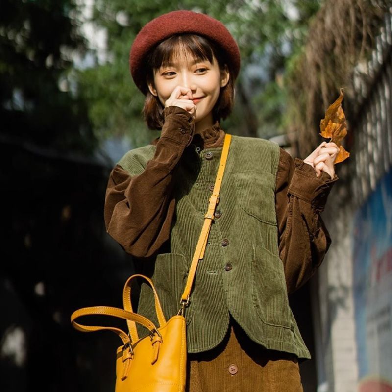 灯芯绒马甲女春装2025日系新款复古坎肩甜美叠穿马夹无袖上衣外套|undefined