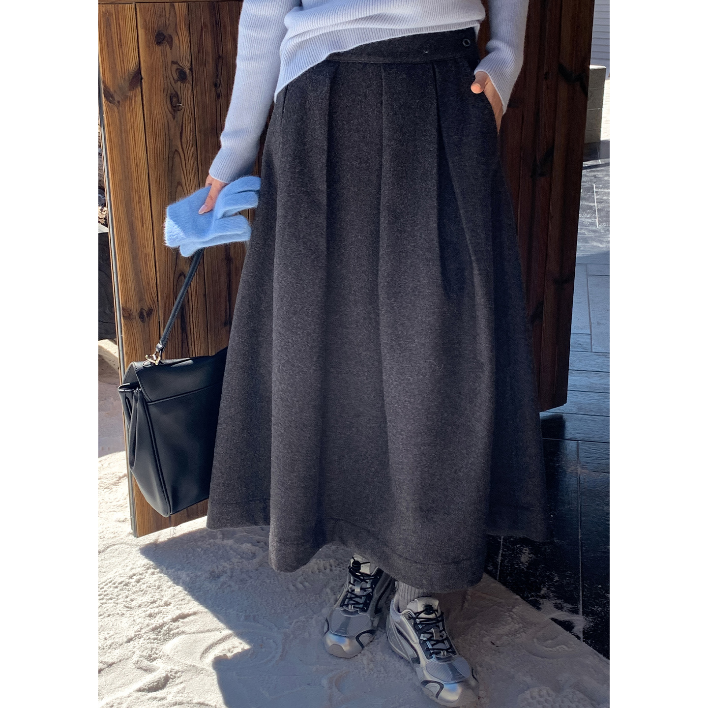 Berlin Vacation Woolen Thick Large Hem Atmospheric Skirt Women's High-Waisted Midi Skirt 0760
