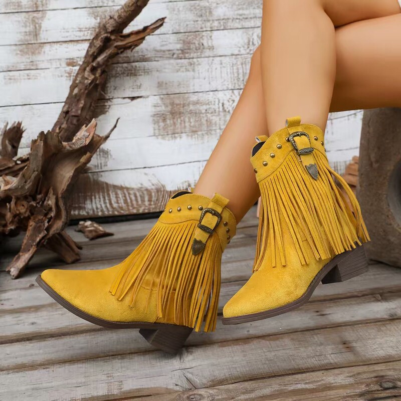 Cross-Border 2025 Export New Retro Pointed Toe Large Size Short Boots for Women Autumn and Winter Tassel Western Cowboy Boots Cross-Border 2025 Export New Retro Pointed Toe Large Size Short Boots for Women Autumn and Winter Tassel Western Cowboy Boots