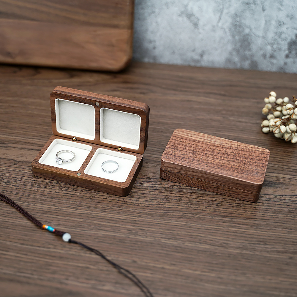 Black walnut ring necklace earrings storage box double square engraved solid wood edge solid wood portable jewelry box