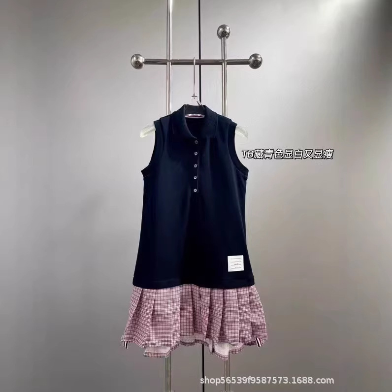 Complete Set of Three Labels: Tb College Style Summer Women's Sleeveless Vest with Polo Collar and Pleated Dress