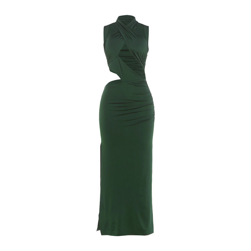 Cross Back Halter Bodycon Dress Hollow Out Spliced Design Slim Fit Elegant Style Perfect for Autumn and Winter