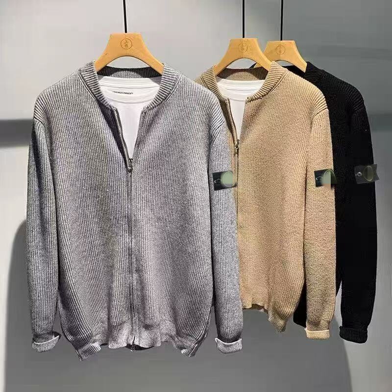 Cross-Border Export Stone High Version Trendy Brand Heavyweight Autumn and Winter Warm Knitted Couple V Neck Zipper Sweater