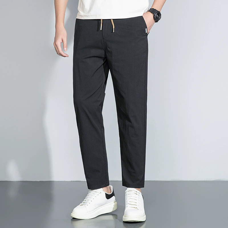 Мужские повседневные брюки из чесаного хлопка, летние брюки, тонкие брюки до щиколотки, спортивные брюки из ледяного шелка, одежда для молодых мужчин, эластичные брюки