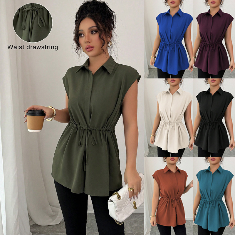 2026 Cross-Border European and American Amazon Fashion Loose-Fitting Belted Single-Breasted Solid Color Polo Collar Women's Short-Sleeve Top 2026 Cross-Border European and American Amazon Fashion Loose-Fitting Belted Single-Breasted Solid Color Polo Collar Women's Short-Sleeve Top