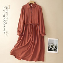 早秋 复古衬衫领长袖连衣裙女秋季新款纯色亚麻文艺裙