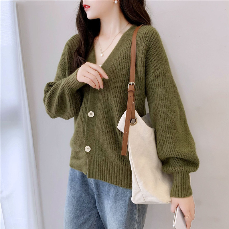 French V-Neck Candy Color Long Sleeve Cardigan Women's Loose Knit Sweater Coat Casual Elegant Outerwear_ecoleips.com
