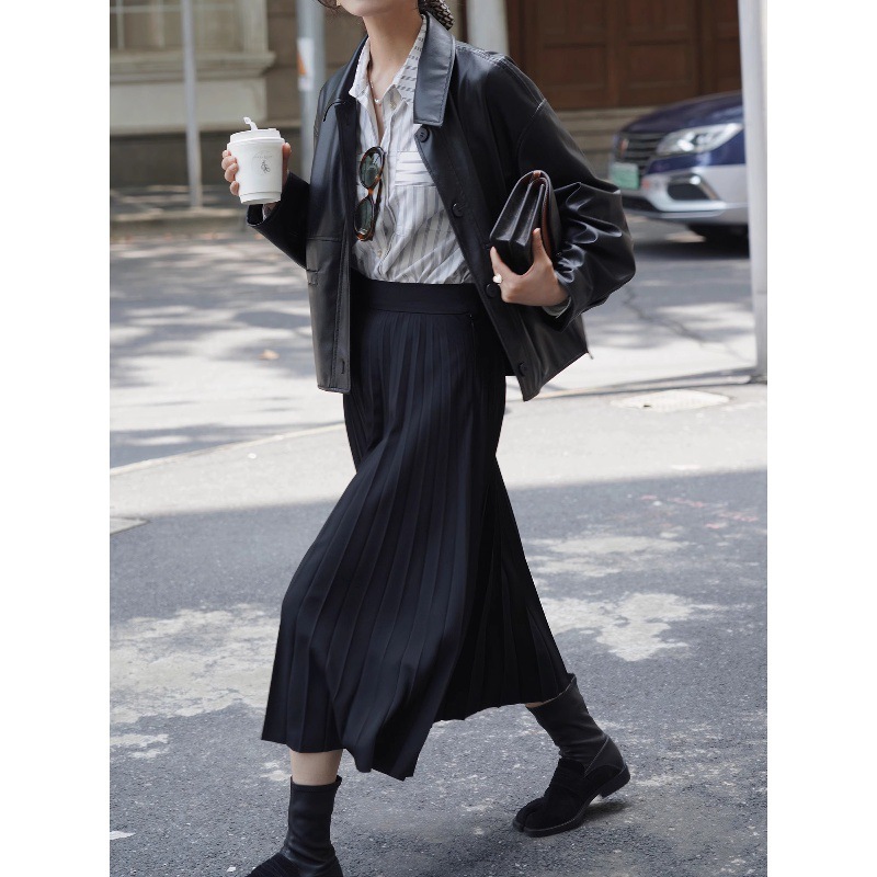 White Drawing Workroom French Retro Black Leather Jacket for Women Loose Short Small Leather Jacket for Women