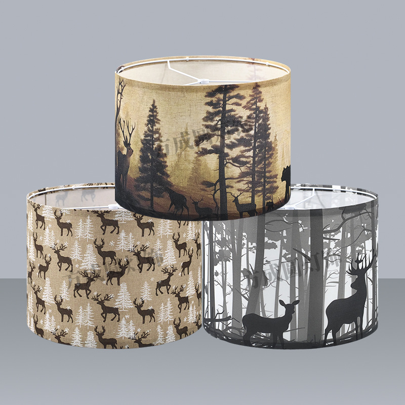 Pantalla de lámpara de mesa de Amazon Pantalla de lámpara de impresión de patrón de animal de alce de bosque desmontable cubierta de tela de lámpara de pie KD