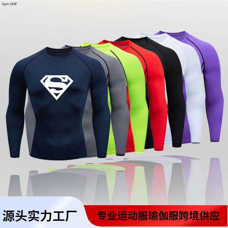 Cross-border Explosions Men's Fitness Suit Superman Printed Tight Short-sleeved Long-sleeved T-shirt Quick-drying High-elastic Sportswear