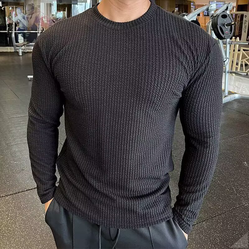European Waffle Jacquard Sweatshirt for Muscular Men, Slim Fit, Stretchy Long-Sleeve T-Shirt, Soft and Breathable Knit Base Shirt, Trendy