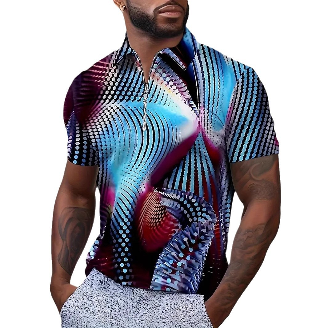 Cool abstracto colorido tecnología halo impresión 3D calle hombre solapa suelta transpirable manga corta cremallera camisa POLO