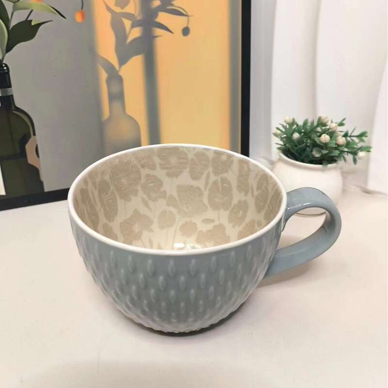 小清新北欧風陶磁器手描きカップオート麦牛乳コーヒーカップ模様彫刻カップ個性電子レンジ微瑕|undefined