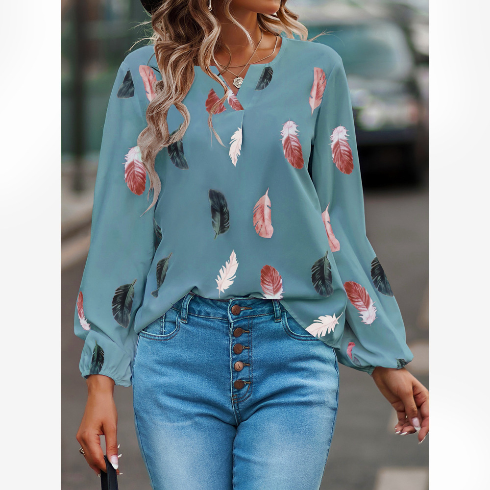 Elegant Feather V Neck Long Sleeve Regular Sleeve Printing Blouse