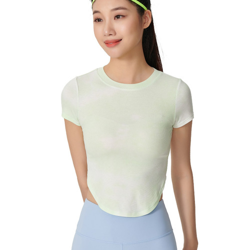Korean-style fresh and light ribbed tie-dye turtleneck yoga attire with high elasticity, slimming, revealing waist, skin-friendly, quick-drying sport short sleeve top