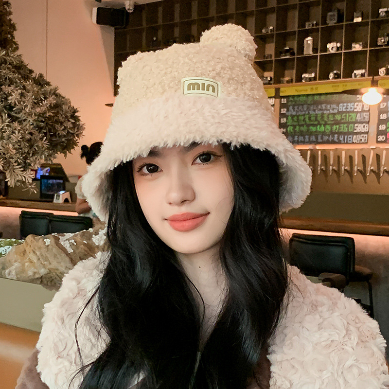 Nueva moda coreana de cordero sombrero de peluche para mujeres otoño y invierno caliente retro versátil más vello grueso sombrero de bañera muestra cara pequeña