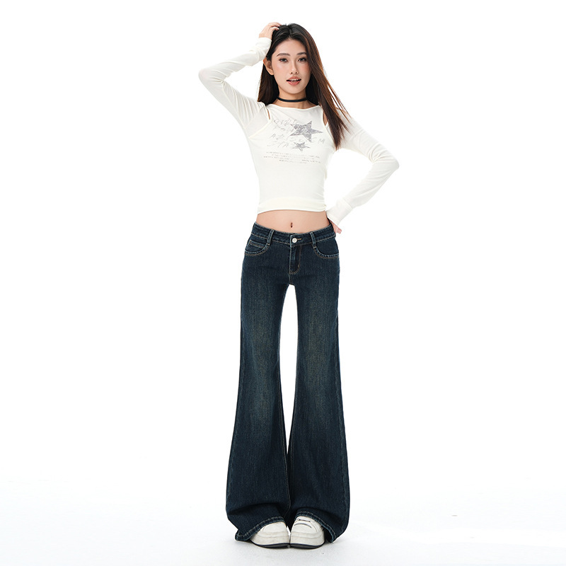 Cement Gray Low-Waist Micro-Flare Jeans for Women, 2025 Autumn New Style, Non-Tight Straight-Leg Stretch Flare Pants