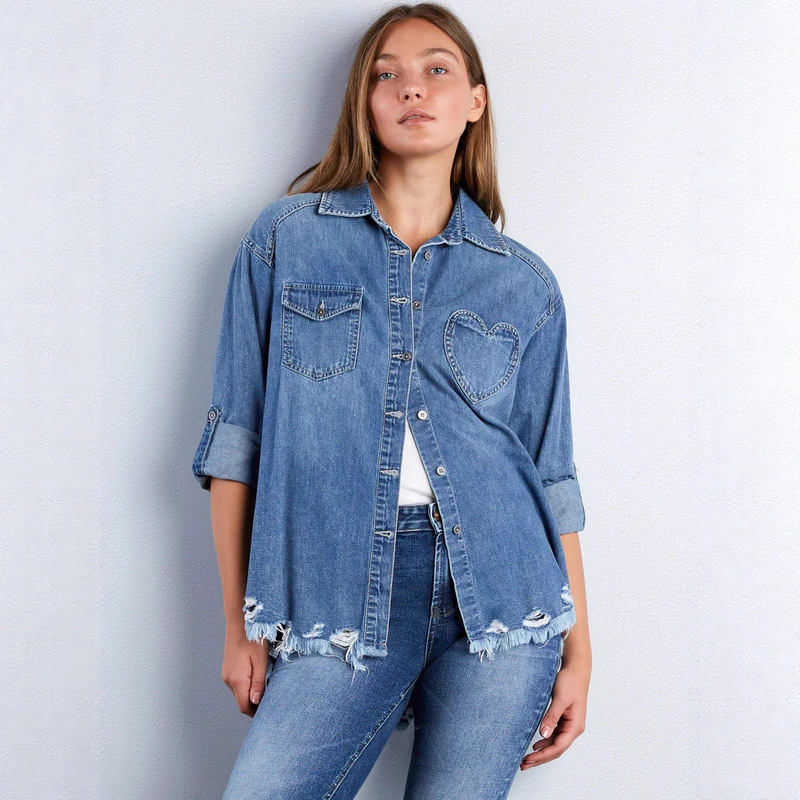 Cross-Border Temu Aliexpress Amazon Ripped Asymmetrical Tassel Denim Shirt for Women Women's Denim Shirt