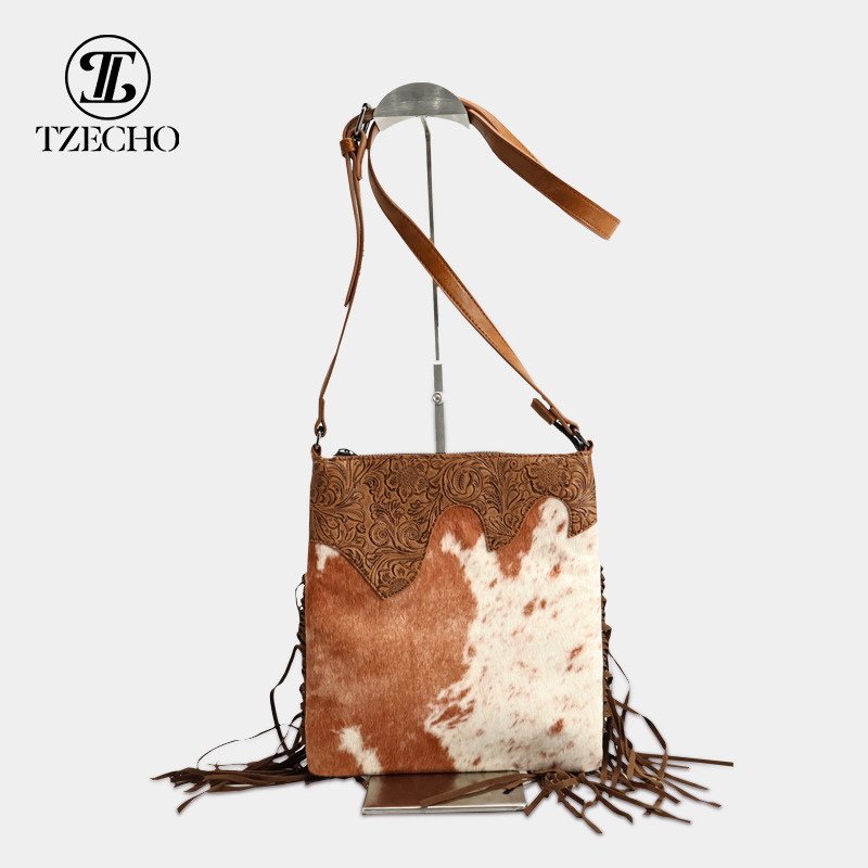 Bohemian New Retro Embossed Small Square Bag Horsehair Crossbody Bag Pu Cross-Border Shoulder Bag Tassel Women's Bag Wholesale
