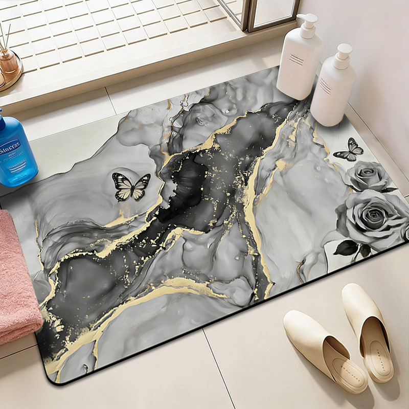Oil Painting Style Marble Diatomaceous Earth Shower Room Water-Absorbent and Stain-Resistant Floor Mat, Entrance Decoration, Wear-Resistant and Easy-Care Entry Mat