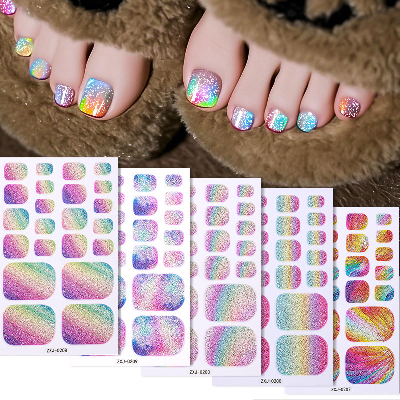 Cross-border Summer New Manicure Stickers Foot Stickers Waterproof Rainbow Dyeing Onion Powder Flash Toenail Stickers Custom Nail Stickers