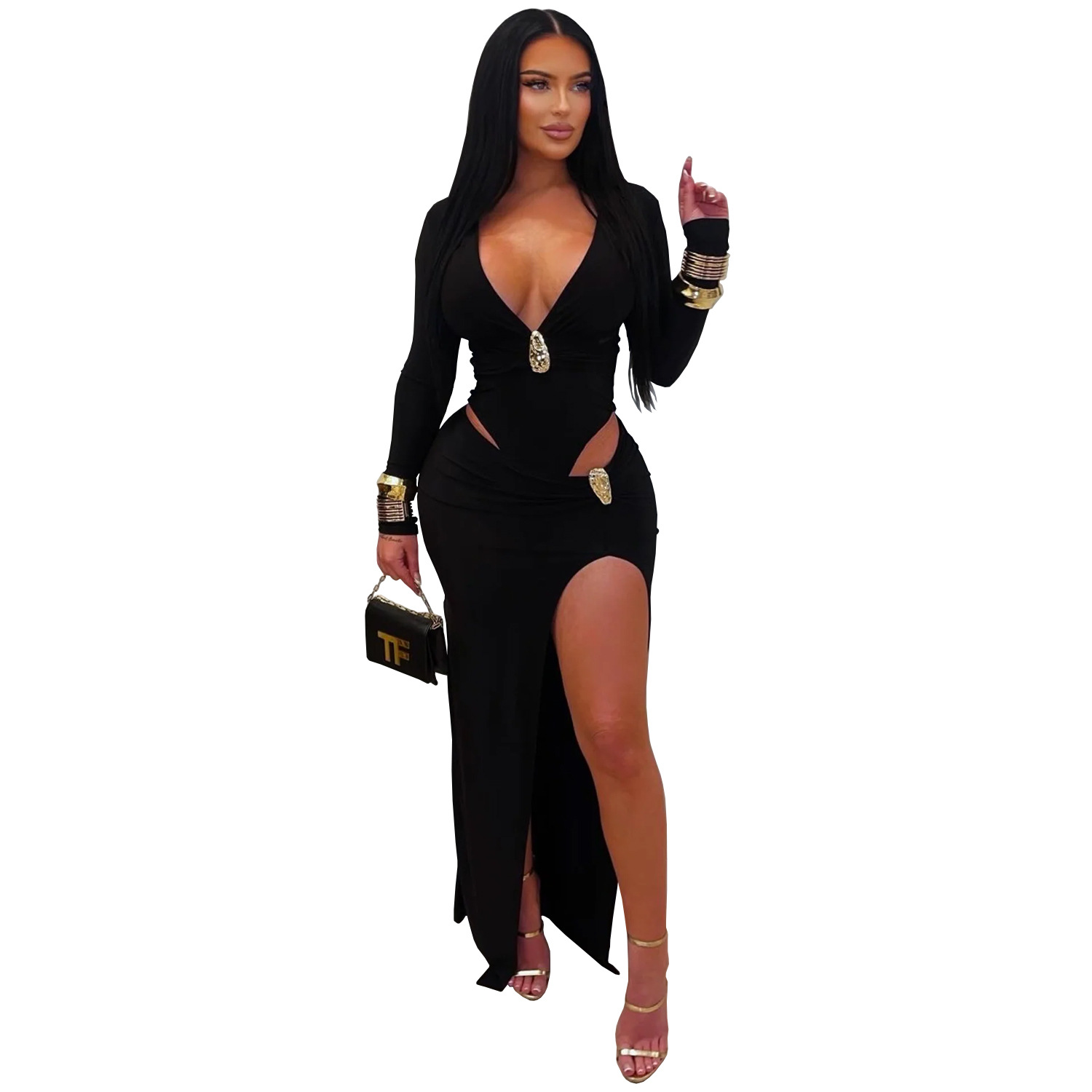 C7631 Aliexpress transfronterizo Amazon Europa y América moda de mujer sexy cuello v color sólido vestido de mangas largas de cadera image 7
