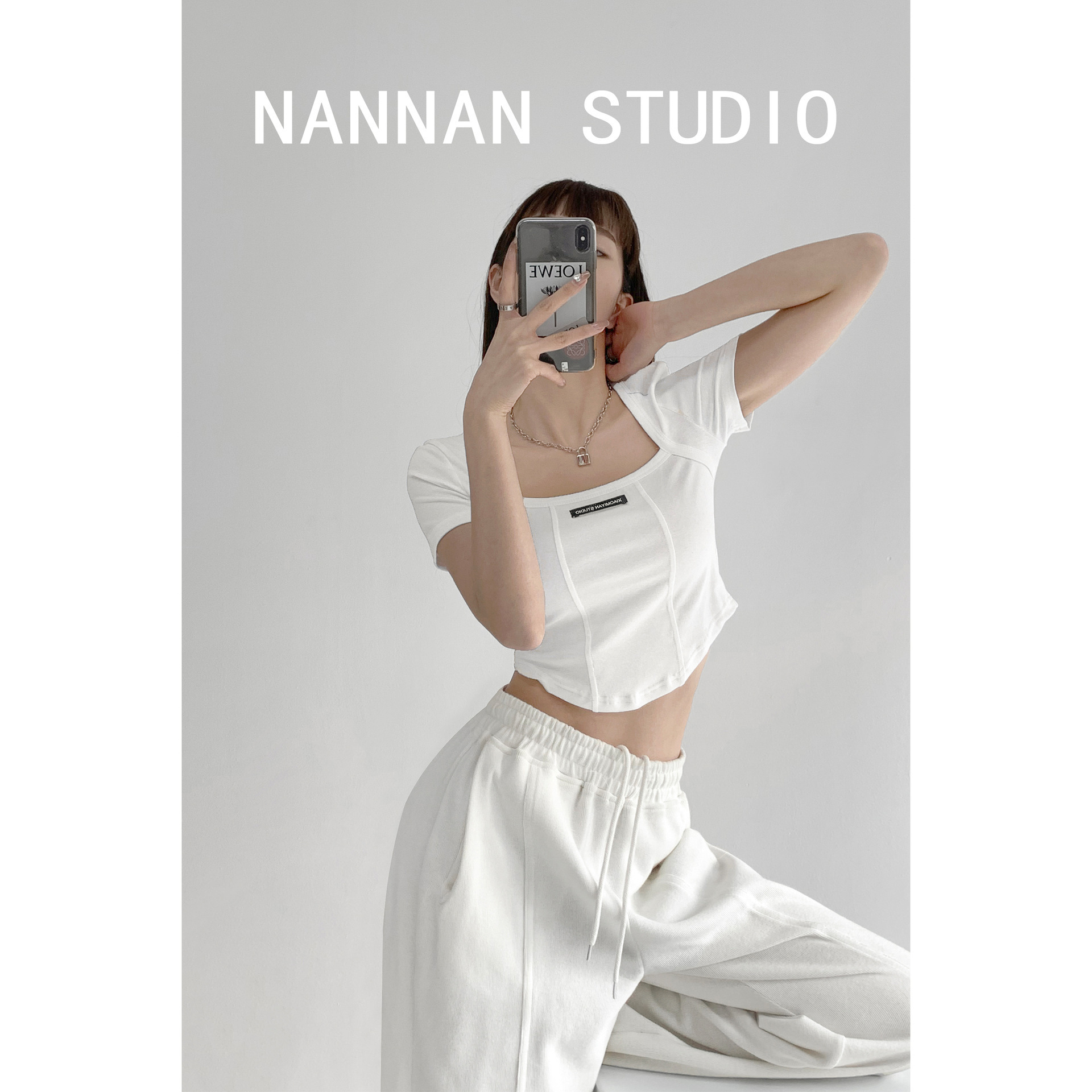 INS marea diseño sentido de la clavícula del cuello cuadrado puro quiere atar la primavera femenina y el verano corto curvo cintura manga corta Camiseta top