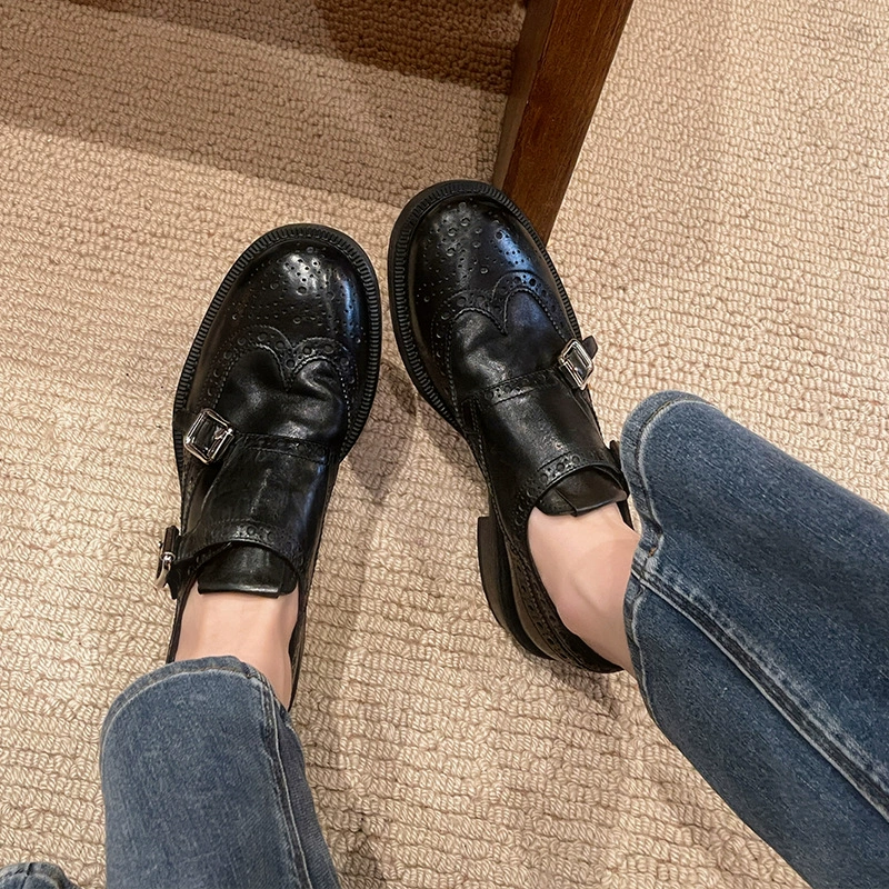 Овчинная версия ~ Кожаные резные ретро туфли на толстой подошве Lefu Женская весна и осень 2025 Новый оксфордский английский стиль кожаные туфли