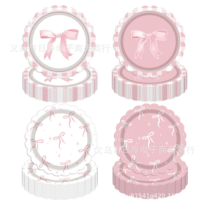 Pink Lace Bow Theme Disposable Paper Butterfly Theme Party Set Disposable Paper Tray
