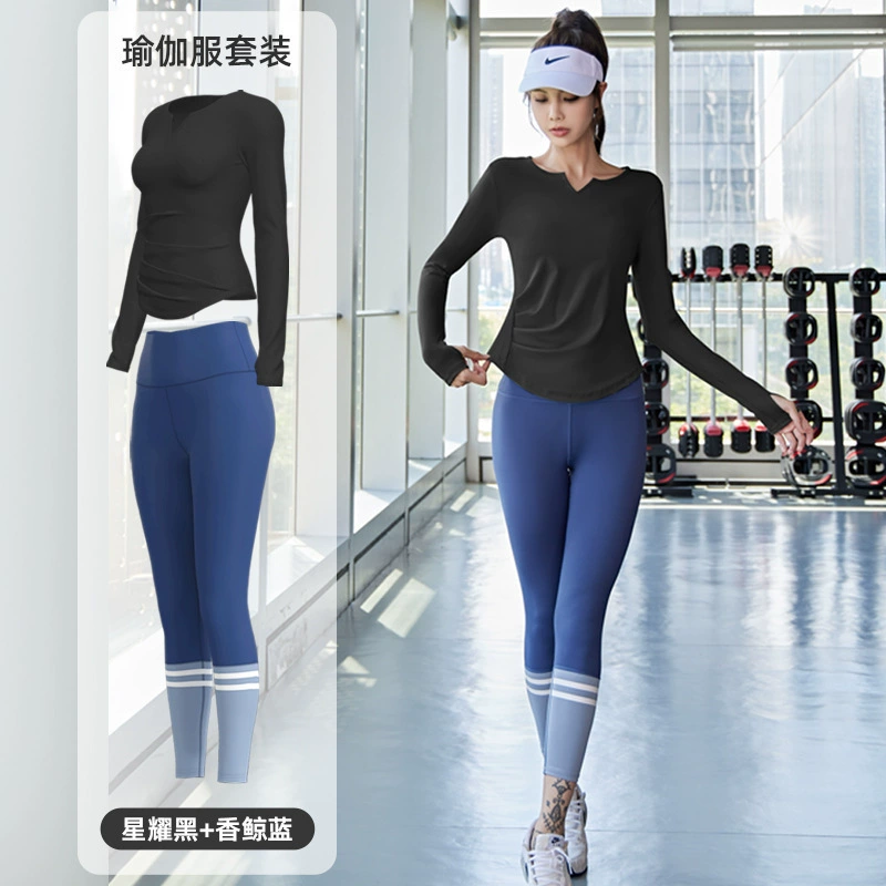 Демисезонная йога-одежда, длинный рукав, спортивный костюм для зала, быстросохнущий комбинезон, леггинсы, V-образный вырез