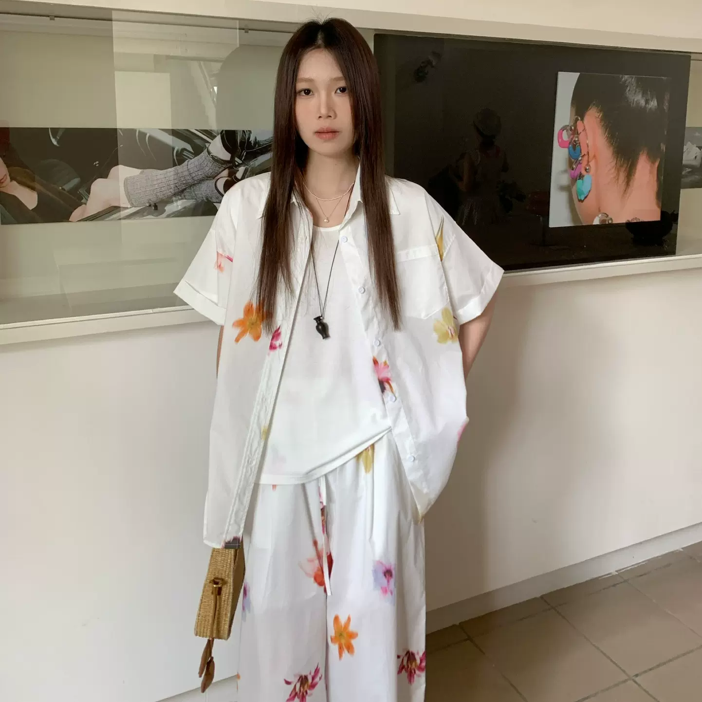 特价不退不换 十三行氛围感印花短袖衬衫季韩系宽松休闲上衣79135