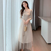 2021 spring and autumn super Xianqi mesh knitted dress with medium length polo collar， slim， small and fragrant style