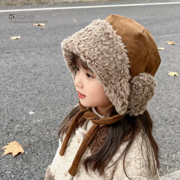 Winter hat for babies, warm and thick lamb wool ear-protecting hat, windproof Lei Feng hat with ties for boys and girls, new Korean style