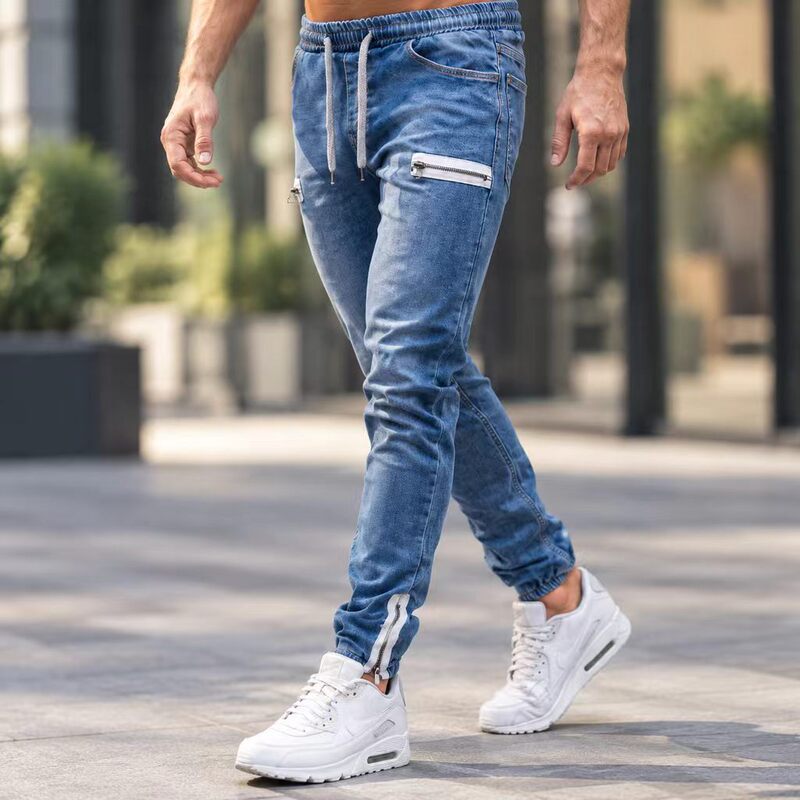 Cross-border European and American popular men's denim jeans with washed, distressed, and vintage zipper design, sporty casual fashion pants for men