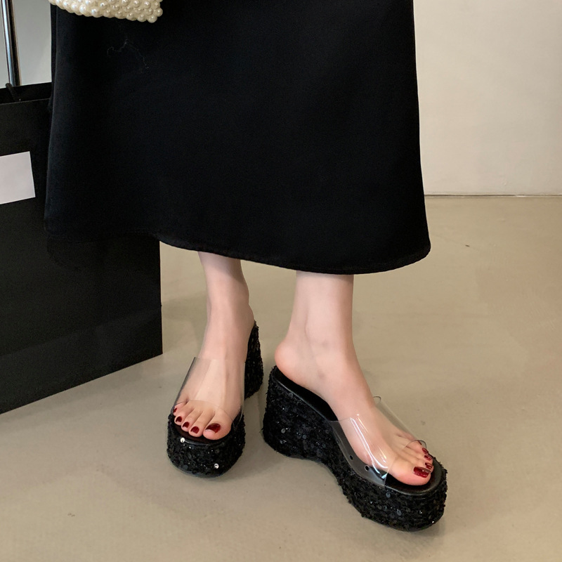 Spring Transparent Strap Fashion Runway Open-Toe Slippers That Make Legs Look Longer, Thick-Soled Wedge Heel Sequin Sandals High Heels