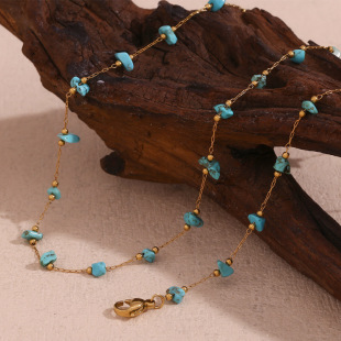 European and American Fashion Elegant Niche Popular Necklace Stainless Steel Plated 18K Gold Blue Turquoise Gravel Handmade Chain Bracelet for Women