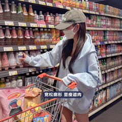 韓国スタイルのルーズフード付きカーディガンスウェットシャツトップ女性の秋と冬の新しいジッパー肥厚怠惰なスタイル Jimo スウェットシャツジャケット