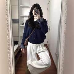 假两件藏蓝色针织开衫毛衣女春秋季新款韩系慵懒风松弛感短款上衣
