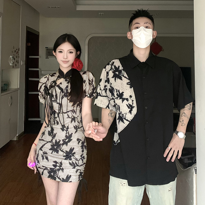 2024 년 실제 연인 복장의 세대 여름 새로운 당신이 내 치마를 원피스 중국 바람 짧은 소매 셔츠 복고풍
