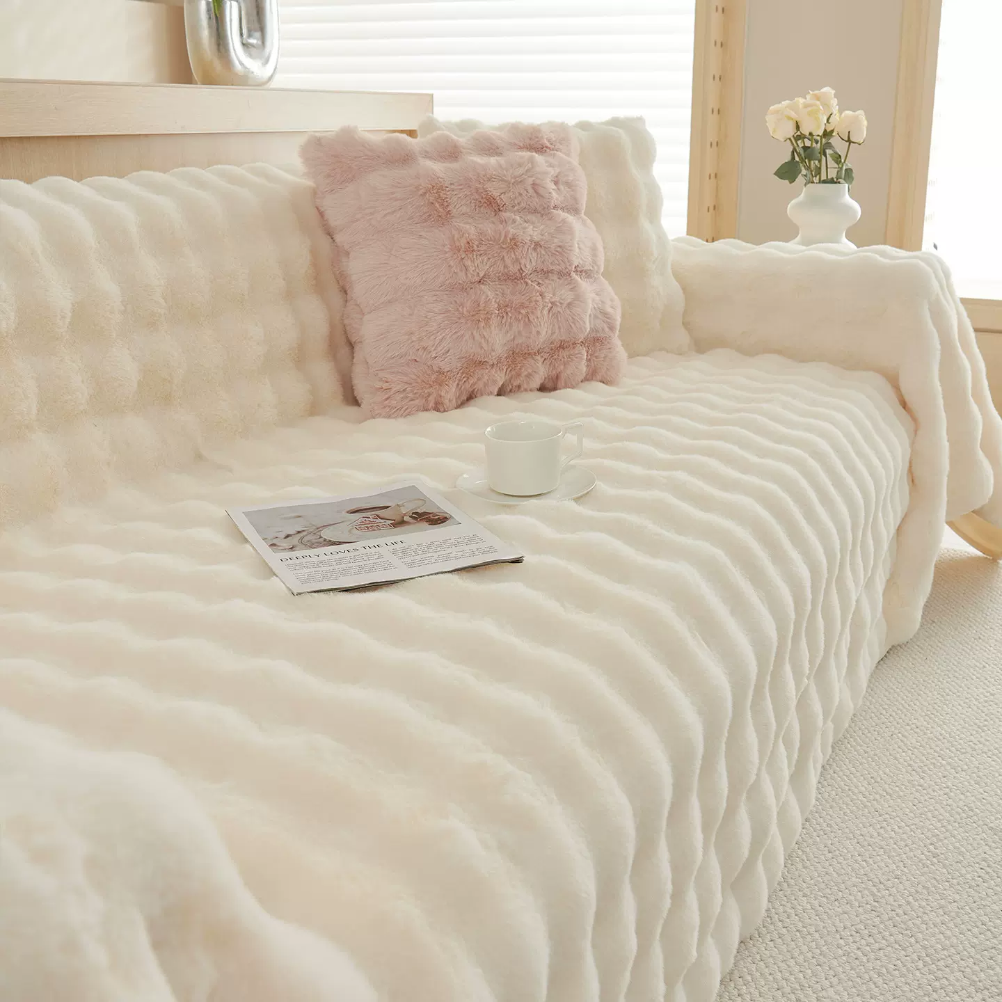 轻奢高级感兔毛绒沙发巾一片式坐垫靠背全盖防猫抓沙发盖布不粘毛