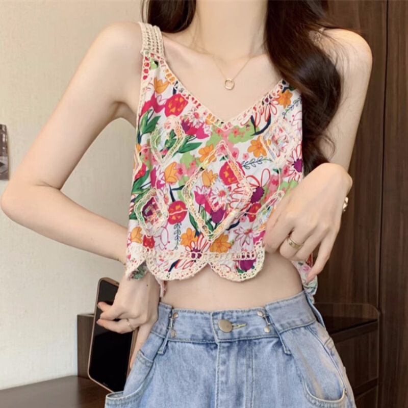 Embroidered Crochet Dopamine Color Small Vest Sling Women's Summer Bohemian Ethnic Style Sweet Spice Girl Top