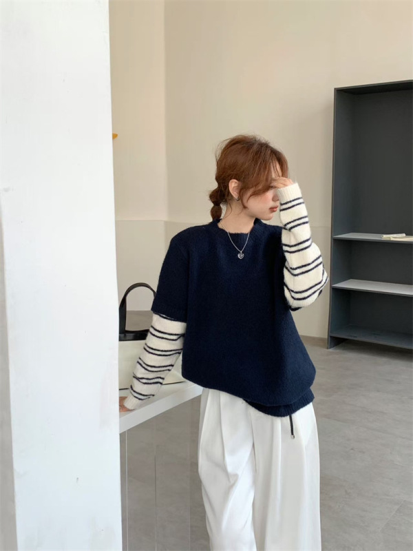秋冬毛衣女2025新款日韩休闲设计感拼接假两件条纹袖子针织上衣潮|undefined