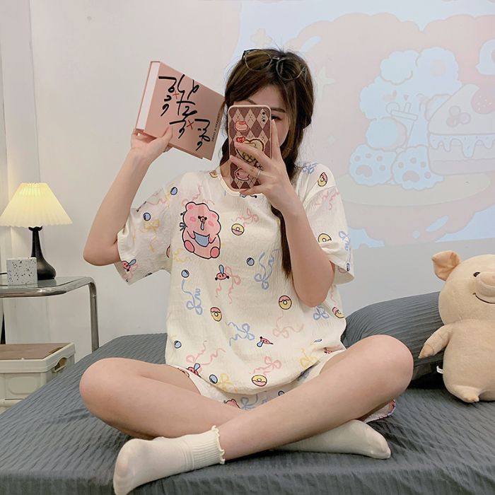 Venta al por mayor transfronteriza de pantalones cortos de manga corta pijamas mujeres nubes algodón verano nuevo estudiante dulce dibujos animados traje de servicio a domicilio oso