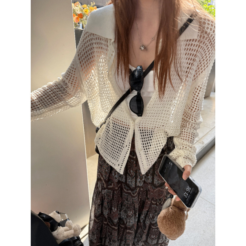 Ys Summer Outfit Essential: Hollow-Out Lapel Long-Sleeve Thin Knit Sun-Protective Cover-Up Short Jacket for Women