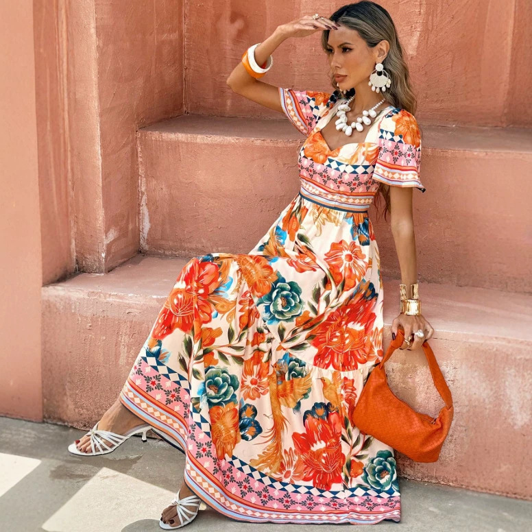 European and American Foreign Trade New Style Women's Elegant Casual Retro Vacation Beach Tropical Print Ruffled A-Line Dress