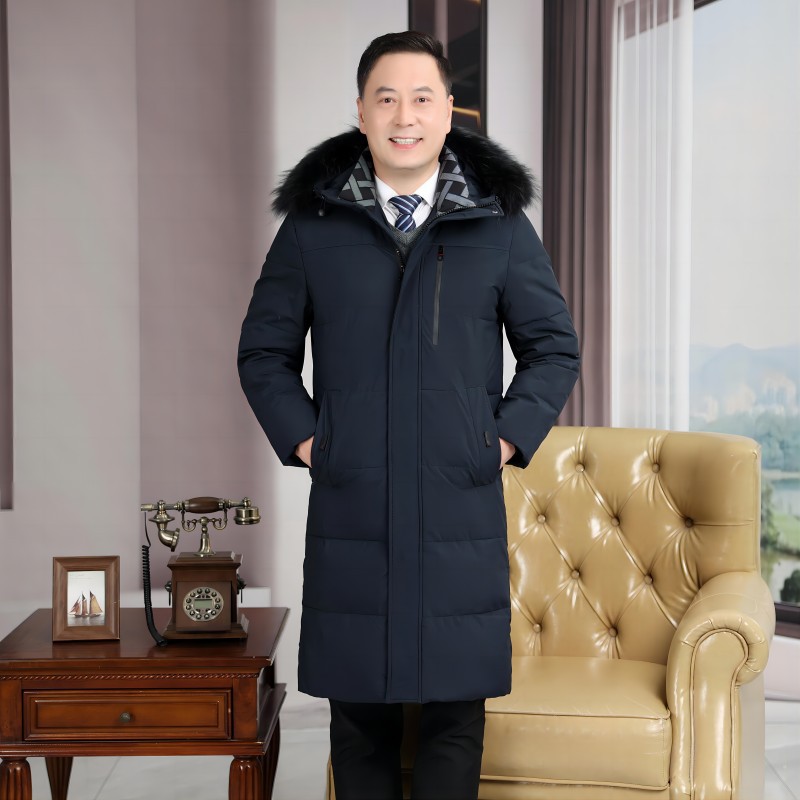 中老年男爸爸中长款90白鸭绒大码宽松羽绒服时尚保暖长款过膝跨境