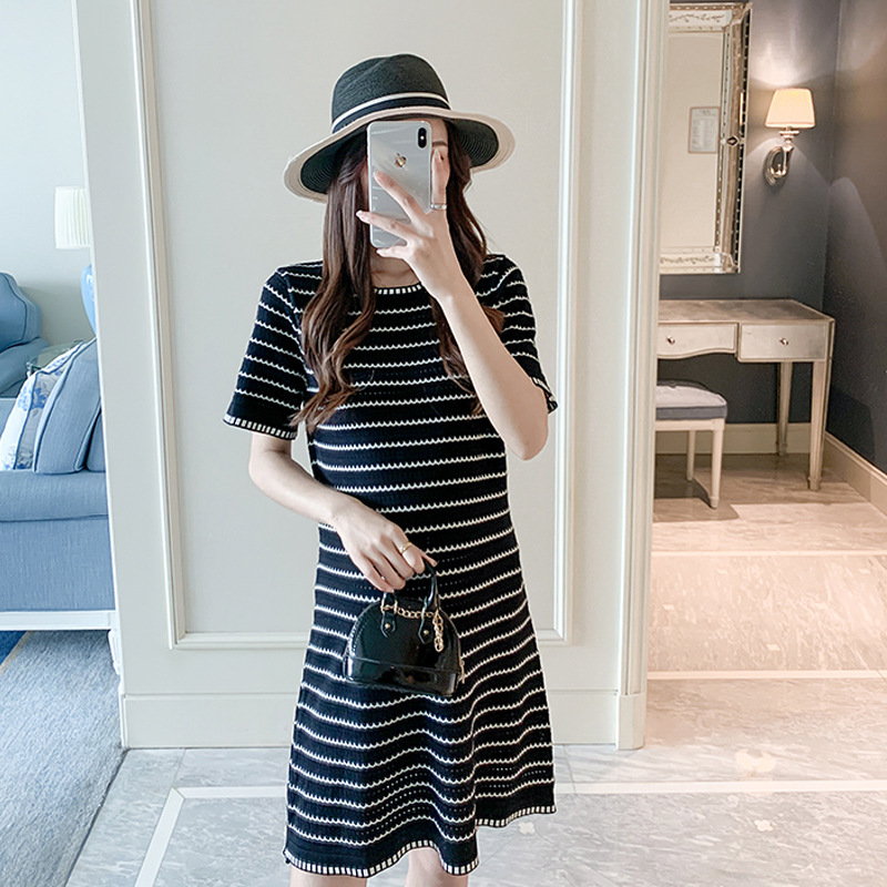 Small Pregnant Women's Dress Small Chanel Style Short-sleeved Temperament Striped Age-reducing Fashion Outgoing Loose Korean Maternity Dress Summer Dress